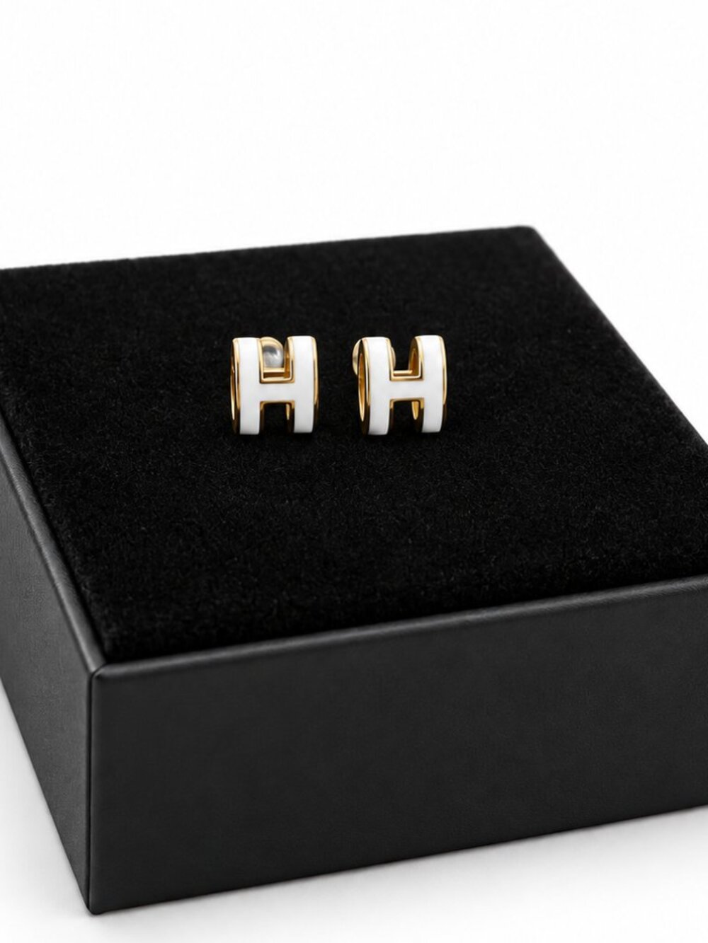 Gold-Tone White Enamel H Logo Stud Earrings 0923